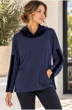 Eileen Fisher Tencel Lyocell Hoodie Navy Velvet Trim Size L Made in USA Weekends